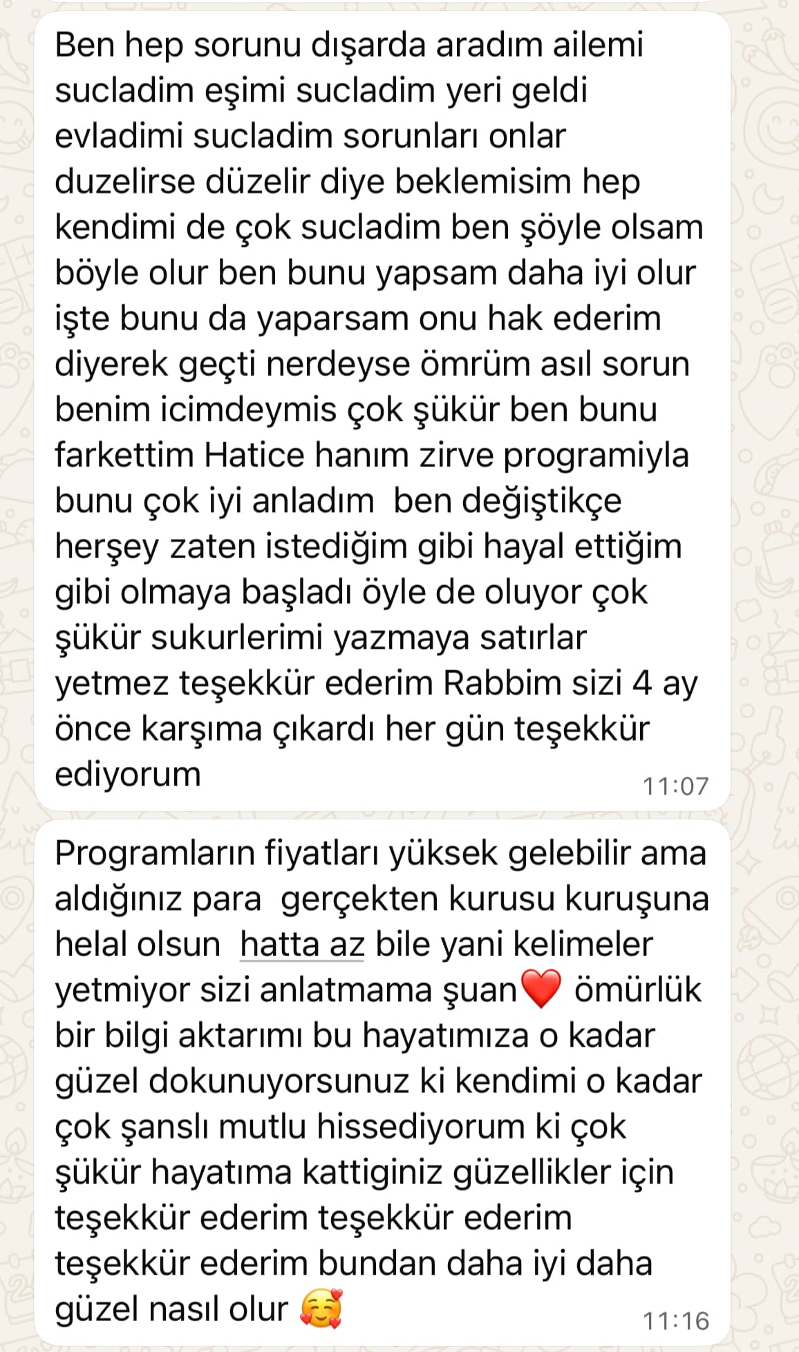Danışanın mesajının ekran görüntüsü