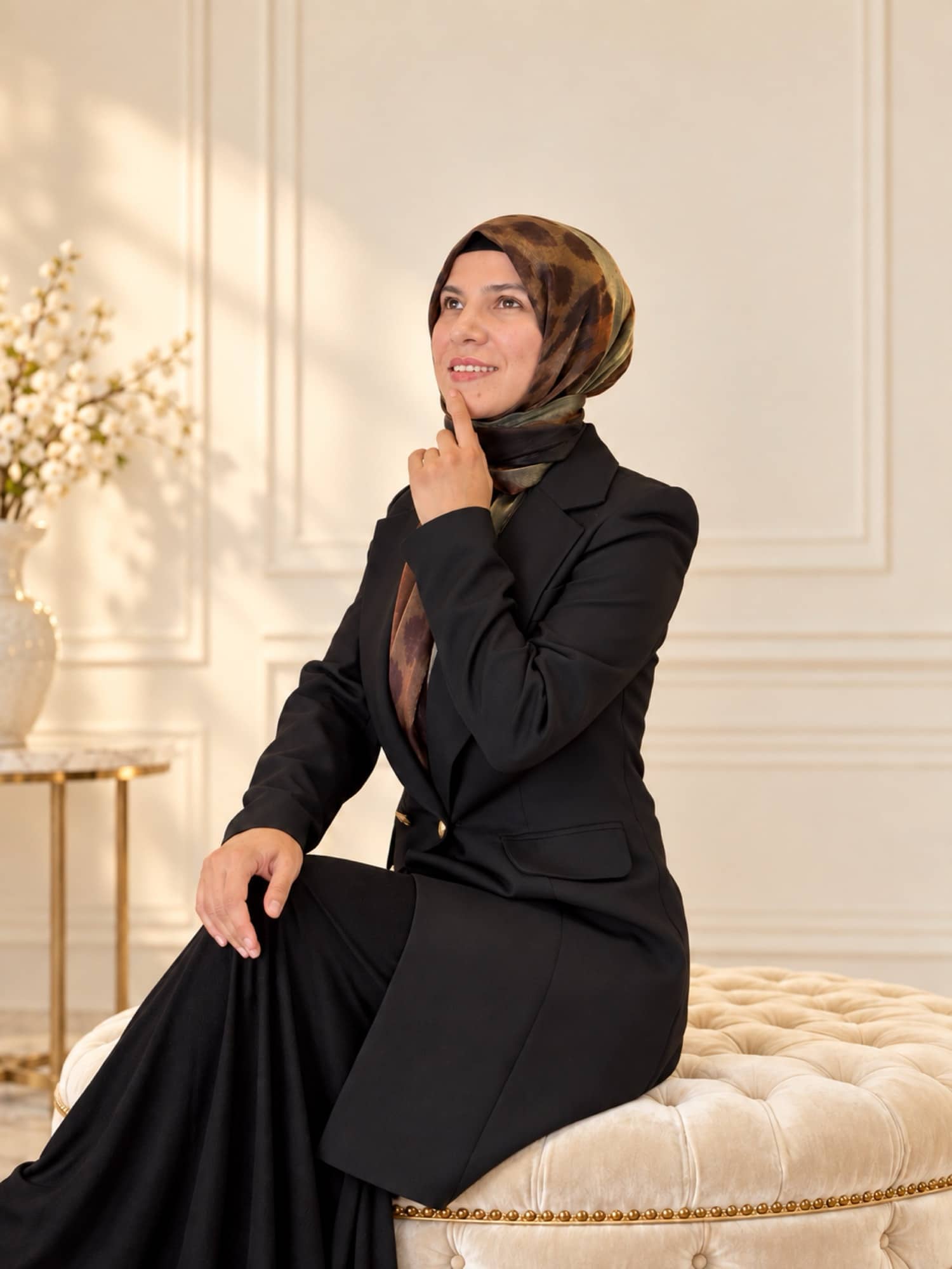 Hatice Emrem, fildişi salonda, yukarı bakarak düşünürken