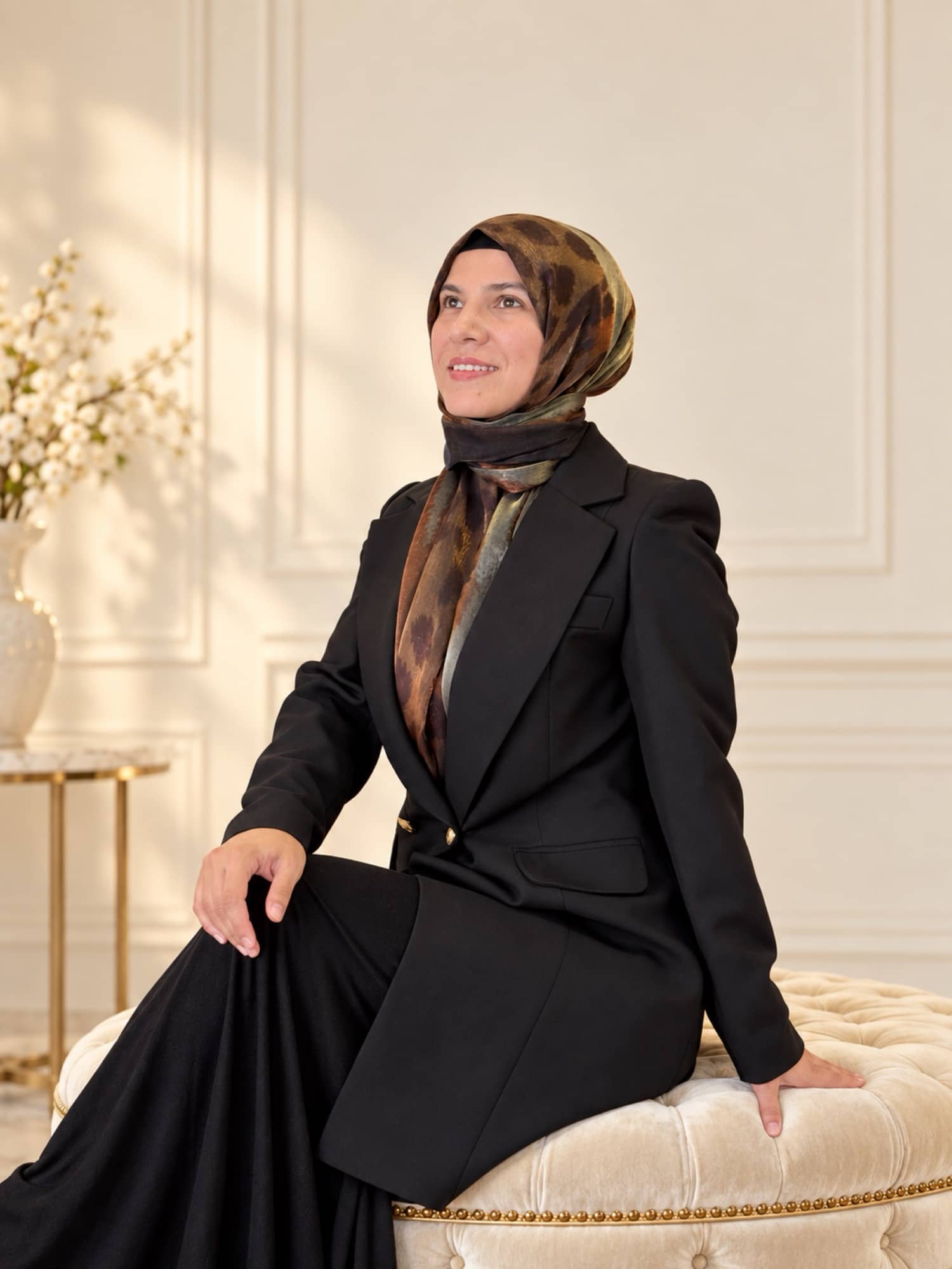 Hatice Emrem, fildişi salonda otururken